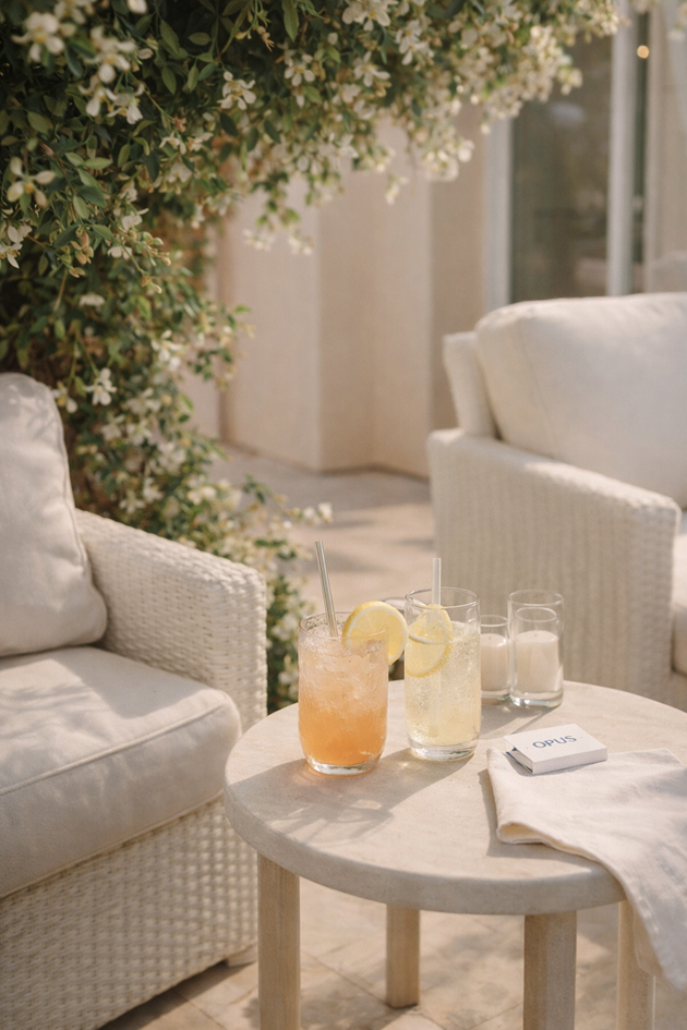 Villa interior with wicker seating and iced drinks