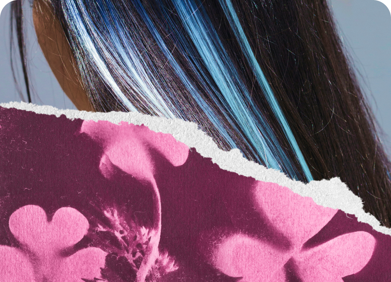 Collage of bleached hair with a torn pink floral overlay