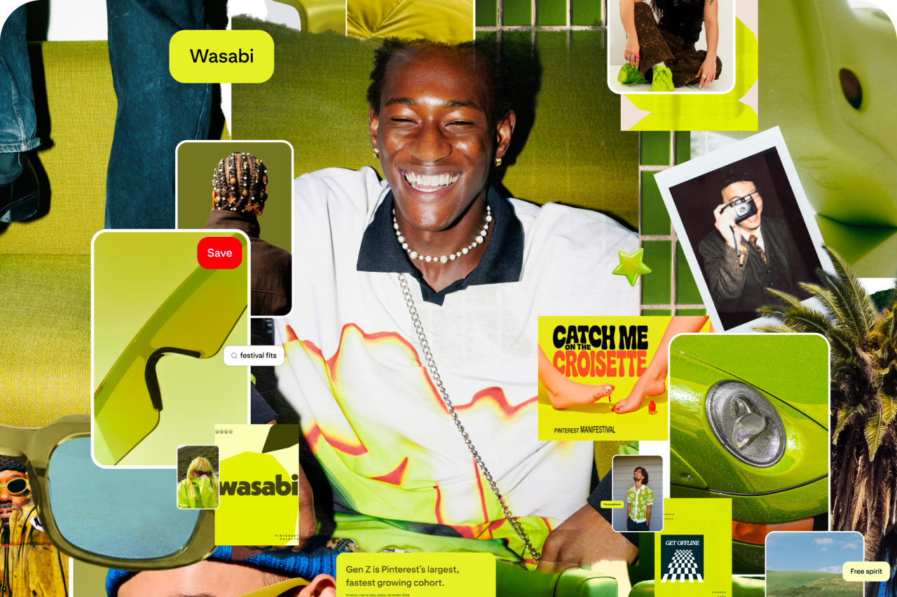 Collage of a guest surrounded by Pinterest and Adobe Express panels