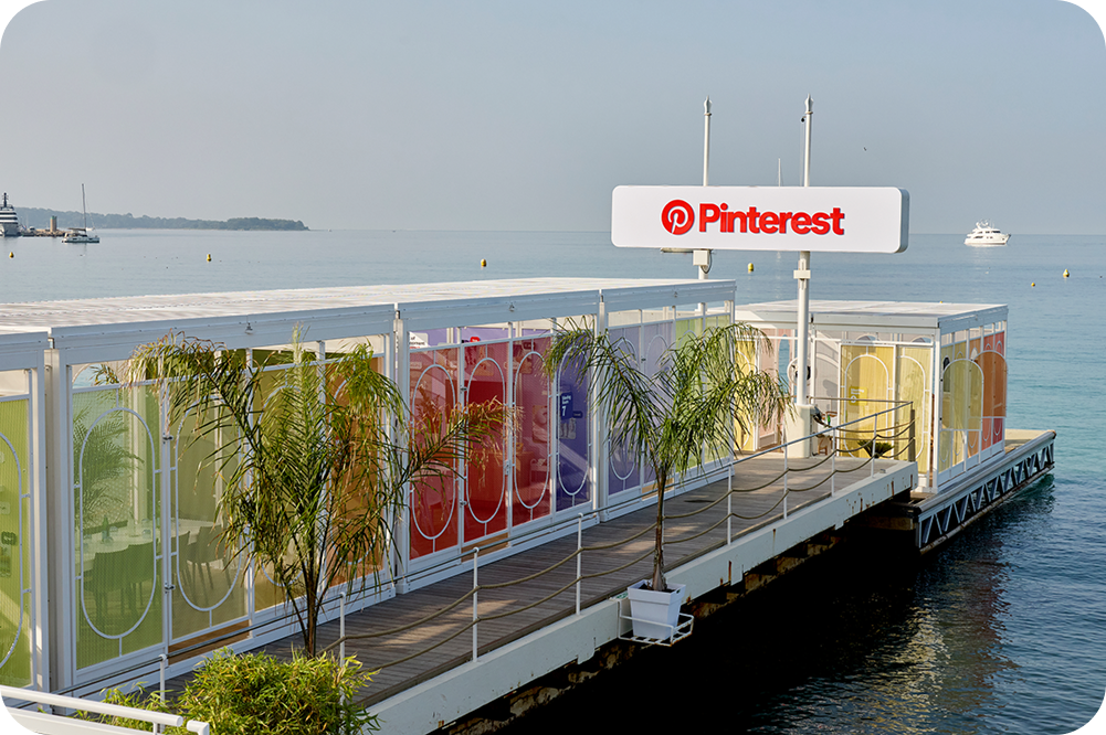 Carlton Beach Club pier on the Croisette with the Pinterest sign